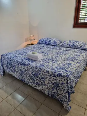 a bedroom with a bed with a blue and white comforter at Sunset Paradise in Las Terrenas