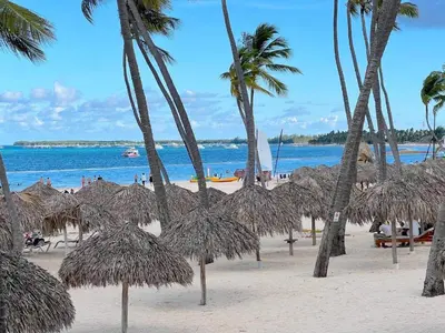 a beach with some straw umbrellas and palm trees at Caribe Deluxe Princess - All Inclusive in Punta Cana