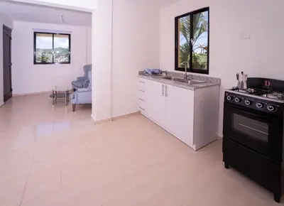 a kitchen with a stove and a counter top at Hotel Porto Escondido in Santa Bárbara de Samaná