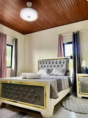 a bedroom with a large bed with a wooden ceiling at Villa Anaylia