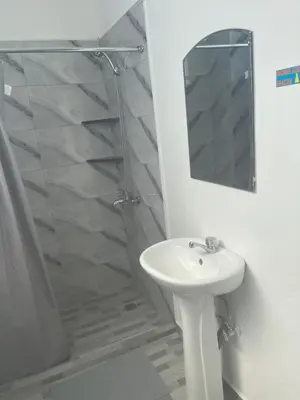 a bathroom with a sink and a shower and a mirror at Plata View Center Habitacion 2D in Monte Plata
