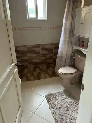 a bathroom with a toilet and a shower curtain at Two residences for one stay in Sosua in Sosúa