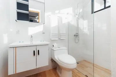 a white bathroom with a toilet and a shower at Exclusive Top-Floor Penthouse with Jacuzzi - BlueCasas in Santiago de los Caballeros