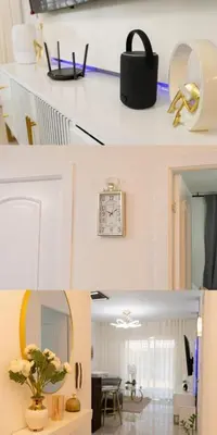 two pictures of a living room with a mirror and a clock at Beautiful apartment on the 2nd floor in Boca Residence