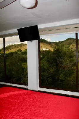 a room with a red carpet and a large window at Villa lobos in Concepción de La Vega