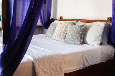 a bed with blue curtains and pillows at Sunset Samana in Las Galeras