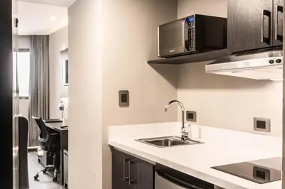 a kitchen with a sink and a microwave at W&P Santo Domingo in Santo Domingo