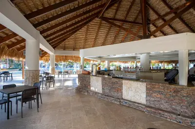 a restaurant with a bar with tables and chairs at Viva Dominicus Palace by Wyndham, A Trademark All Inclusive in Bayahibe