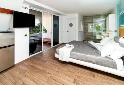 a bedroom with a large bed and a flat screen tv at Puerto Plaza Las Terrenas in Las Terrenas