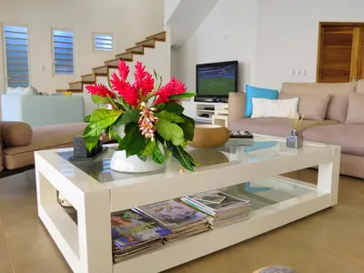 a white coffee table with a vase of flowers on it at Villa Salamandra in Las Galeras