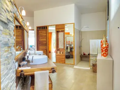 a bathroom with a sink and a shower at Villa Salamandra in Las Galeras