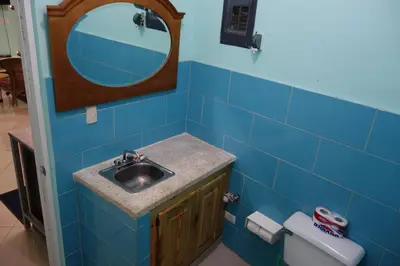 a bathroom with a sink and a mirror and a toilet at Casa Azul - Apartment in San Felipe de Puerto Plata