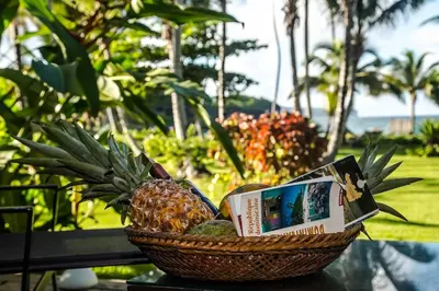 a basket of fruit on a table with a book at Villa Ixora - Ocean Front in Las Galeras