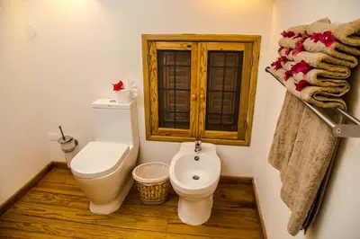 a bathroom with a toilet and a wooden cabinet at Villa Ixora - Ocean Front in Las Galeras