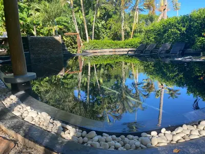 a pool of water with chairs in a garden at Casa Barbara in Las Terrenas