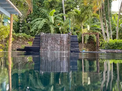 a swimming pool with a waterfall in a garden at Casa Barbara in Las Terrenas