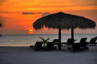 a group of chairs and an umbrella on the beach at Appartamento Vista Mare in Bayahibe