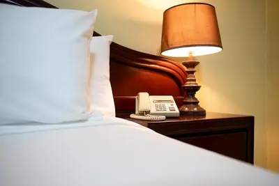 a bed with a lamp and a phone on a night stand at Hotel Real Bella Vista in Santo Domingo