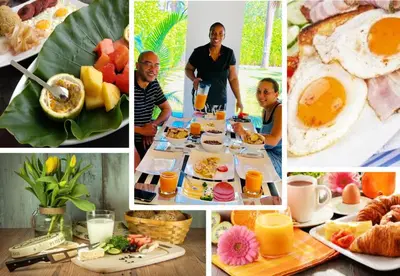 a collage of pictures of breakfast foods and drinks at Adults-Only Hacienda Terra Taina in Las Terrenas