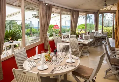 a restaurant with tables and chairs and windows at Hotel Alisei in Las Terrenas
