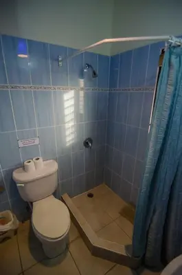 a bathroom with a toilet and a blue shower curtain at D'Piero Hotel in Sosúa