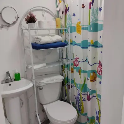 a bathroom with a toilet and a shower curtain at Nely y Pietro share apartment in Punta Cana
