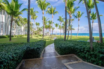 a walkway through a park with palm trees and the ocean at Seawinds Studio - Beachfront Getaway in Cabarete