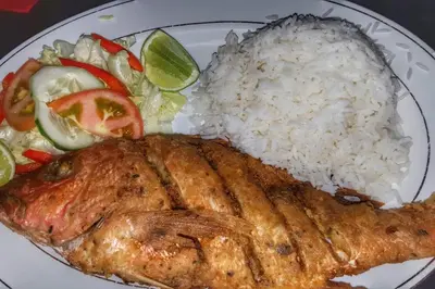 a plate of food with rice and meat and vegetables at Ocean Front Two Bedroom Penthouse in Sosúa