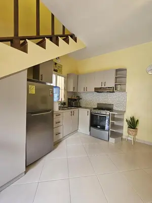 a kitchen with stainless steel appliances and white cabinets at Apartamento en Las Terrenas in Las Terrenas