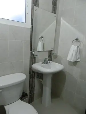 a bathroom with a toilet and a sink and a mirror at Residencial Vista Del Bosque in Santiago de los Caballeros