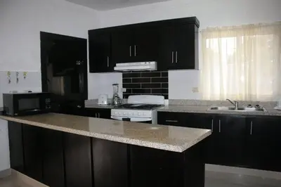 a kitchen with black cabinets and a counter top at Residencial Vista Del Bosque in Santiago de los Caballeros