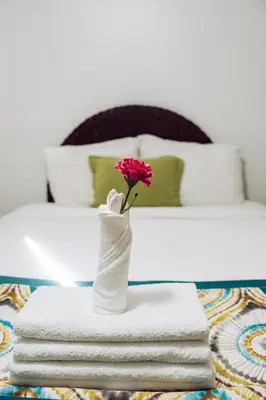 a vase with a red flower on a stack of towels at Riviera Punta Cana Eco Travelers in Punta Cana