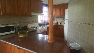 a kitchen with wooden cabinets and a counter top at Hispaniola Residencial private villas in Sosúa