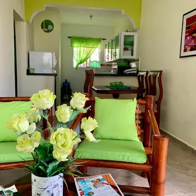 a living room with two chairs and flowers on a table at Higuey Center City in Higuey