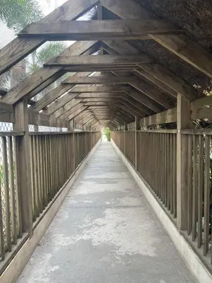 a wooden covered bridge with a long walkway at Bellomar I Exclusive Juan Dolio Playa Hemingway in Juan Dolio