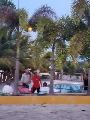 a group of people sitting around a pool with palm trees at La Ensenada Boutique Hotel in Punta Rucia