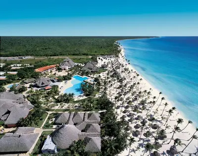 an aerial view of a beach with umbrellas and the ocean at Catalonia Bayahibe - All Inclusive in Bayahibe