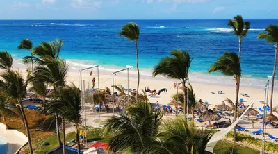 a view of a beach with palm trees and the ocean at Occidental Caribe - All Inclusive in Punta Cana
