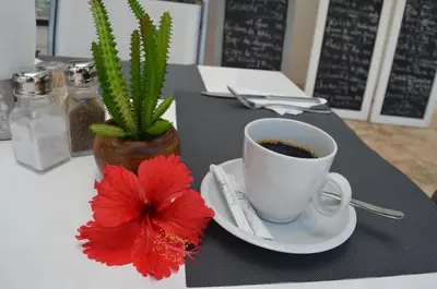 a cup of coffee and a red flower on a table at Aligio Beachfront Paradise in Las Terrenas