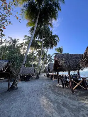 a beach with tables and straw umbrellas and palm trees at Playa Paraiso en Magante in La Yagua