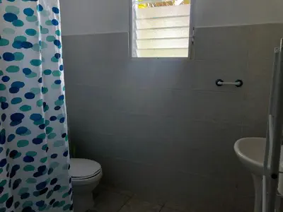 a bathroom with a toilet and a shower curtain at Villa Florencia Bavaro in Punta Cana
