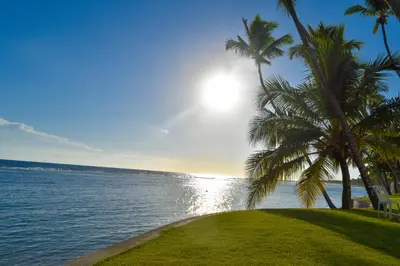 a view of the ocean with palm trees and the sun at Las Olas by Destinos1a in Juan Dolio