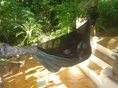 a hammock in a garden with a cat standing next to it at Ecotopía Park in El Hoyo del Cacao