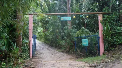 a gate in the middle of a path in a forest at Ecotopía Park in El Hoyo del Cacao