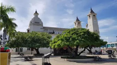 a large white building with trees in front of it at Hotel Kevin in San Felipe de Puerto Plata