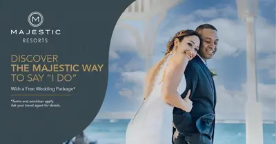 a flyer for a wedding with a bride and groom at Majestic Colonial Punta Cana - All Inclusive in Punta Cana