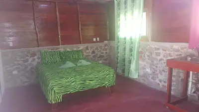 a bedroom with a zebra print bed with a window at Villa La Caleta in Las Galeras