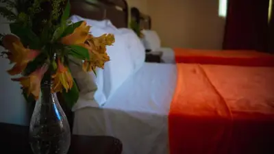 a vase of flowers on a table next to a bed at Hotel Luis V Santo Domingo in Santo Domingo