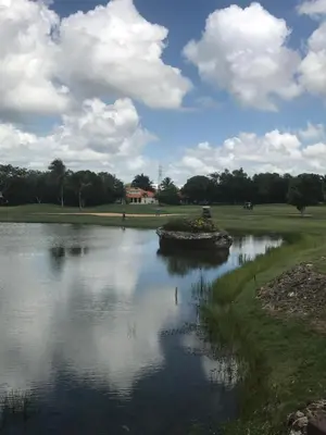 a pond with a rock in the middle of a golf course at Residencial Green Paradise at Metro Country Club Juan Dolio - 2 Bedroom with Balcony in Juan Dolio