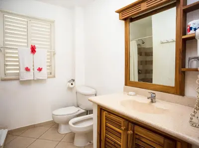a bathroom with a toilet and a sink and a mirror at Albachiara Hotel - Las Terrenas in Las Terrenas